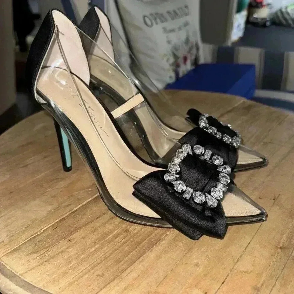 Betsey Johnson Black Satin Pointed Toe Heels with Crystal Buckle
